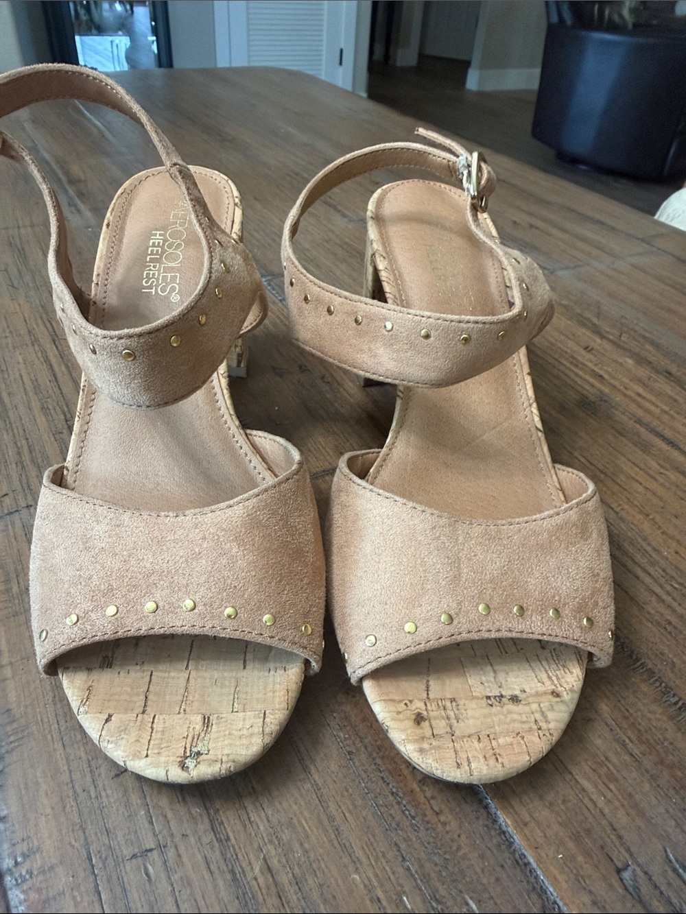 Heeled Cork Sandals in Tan Suede with Gold Studs
